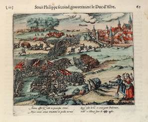 Kupferstich altkolotiert zur Schlacht bei Dahlen 1568 (Hogenberg) (Städtisches Museum Schloss Rheydt CC BY)